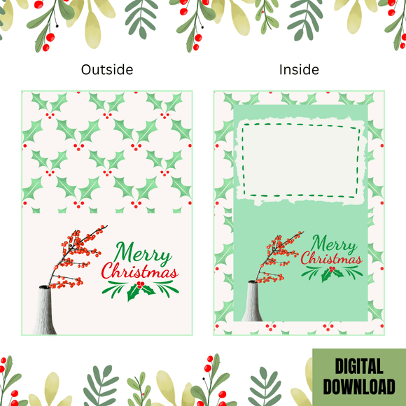 Beautiful Holly Christmas Folded Card- Landscape. Printable- instant download, 7x10 In.