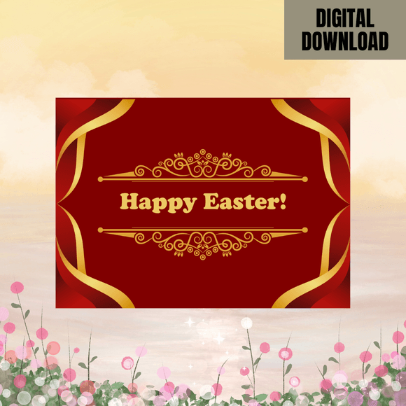 Beautiful Red &amp; Gold Easter Card- Landscape. Printable- instant download, 7x5 In.