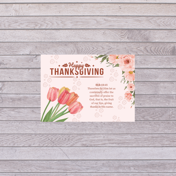Pink Flower Thanksgiving Card- Landscape. Printable- instant download, 7x5 In