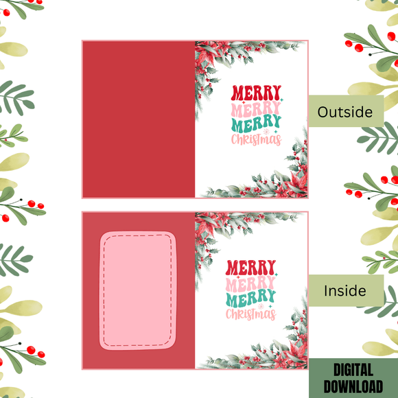 Cute Floral Christmas Folded Card- Portrait. Printable- instant download, 10x7 In.