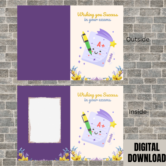 Cute Exams Success Folded Card- Portrait. Printable- instant download, 21x14.8 cm.