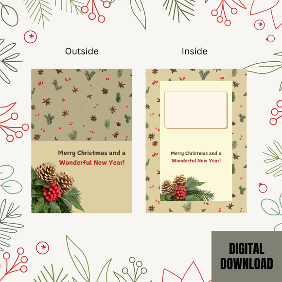 Lovely Holly Christmas &amp; New Year Folded Card- Landscape. Printable- instant download, 7x10 In.