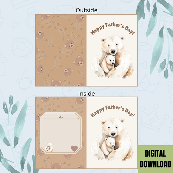 Father &amp; Baby Bear Father&#x27;s Day Folded Card- Portrait. Printable- instant download, 21x14.8 cm.