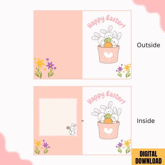 Cute Bunny Folded Easter Card- Portrait. Printable- instant download, 8.2 x 5.8 In.