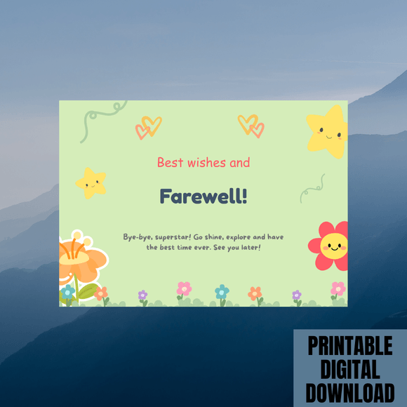 Beautiful Kids Farewell Card- Landscape. Printable- instant download, 7x5 In.