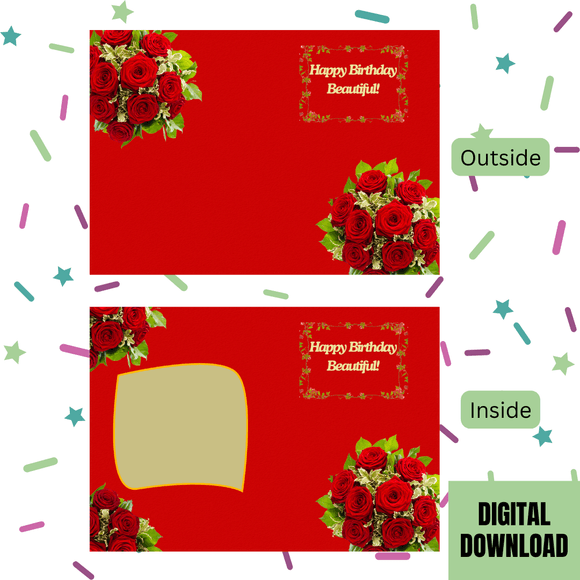 Beautiful Happy Birthday Folded Card- Portrait. Printable- instant download, 10x7 In