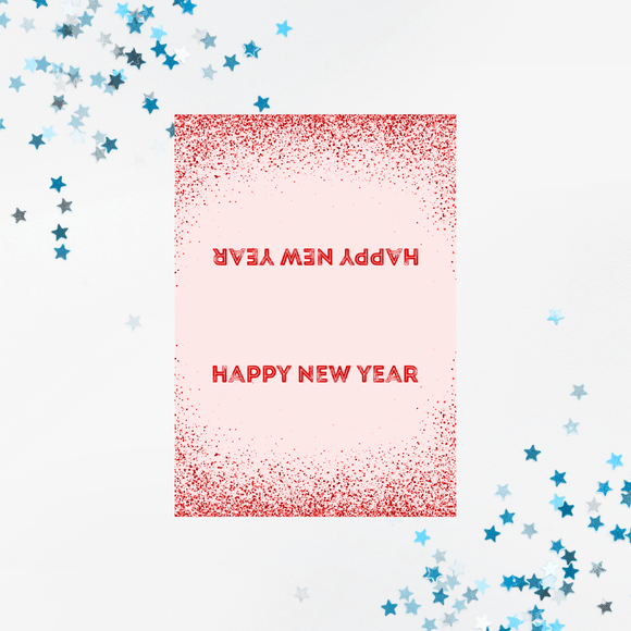 Folded Red Glitter New Year Card- Landscape. Printable- instant download, 7x10 In.