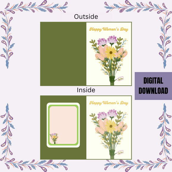 Cute Floral Folded Women&#x27;s Day Card- Portrait. Printable- instant download, 10x7 In.