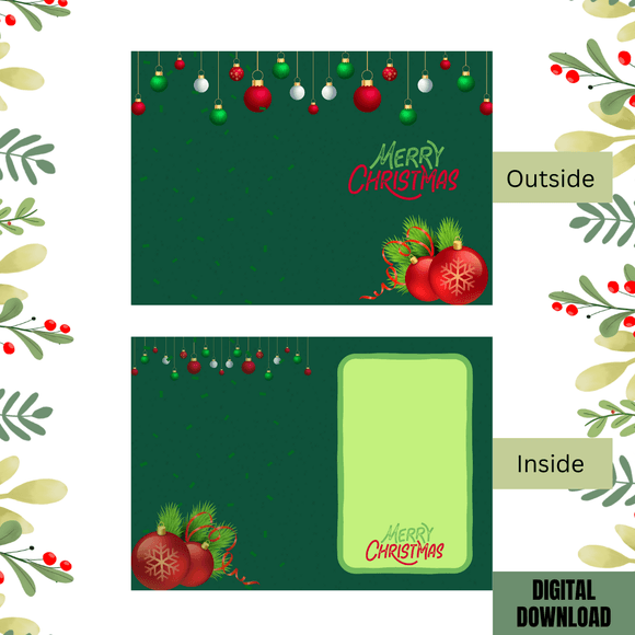 Cute Ornament Christmas Folded Card- Portrait. Printable- instant download, 10x7 In.