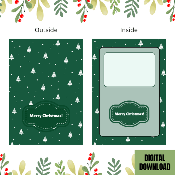 Beautiful Green Seasonal Christmas Folded Card- Landscape. Printable- instant download, 7x10 In.