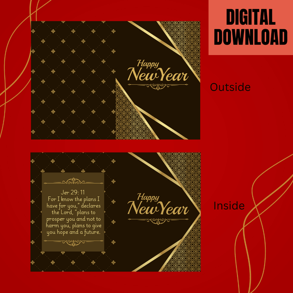 Cute Golden New Year Folded Card- Portrait. Printable- instant download, 10x7 In.