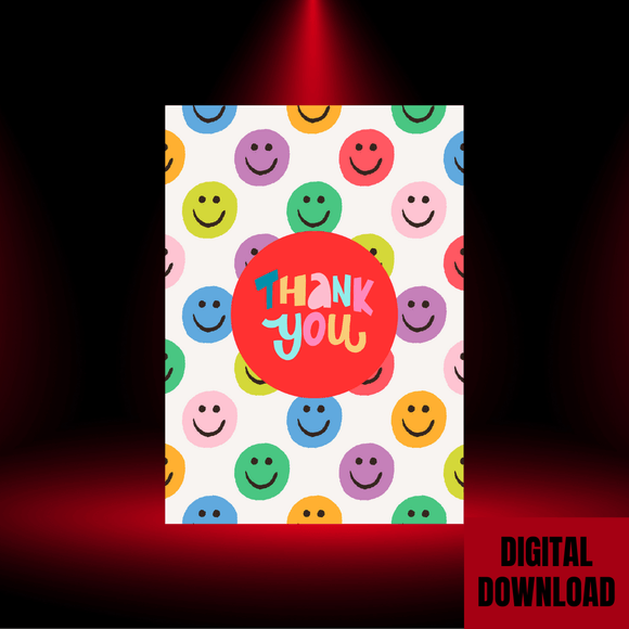 Cute Smiley Thank You Card- Portrait. Printable- instant download, 5x7 In.