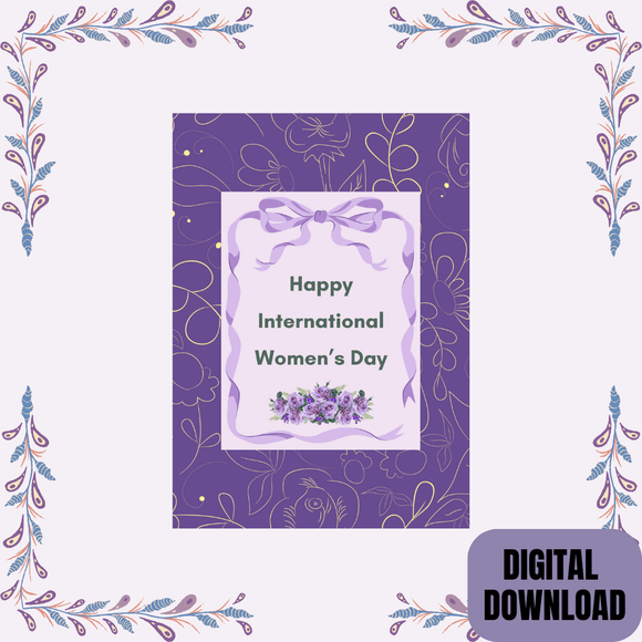Purple Women&#x27;s Day Card- Portrait. Pintable- instant download, 5x7 In.