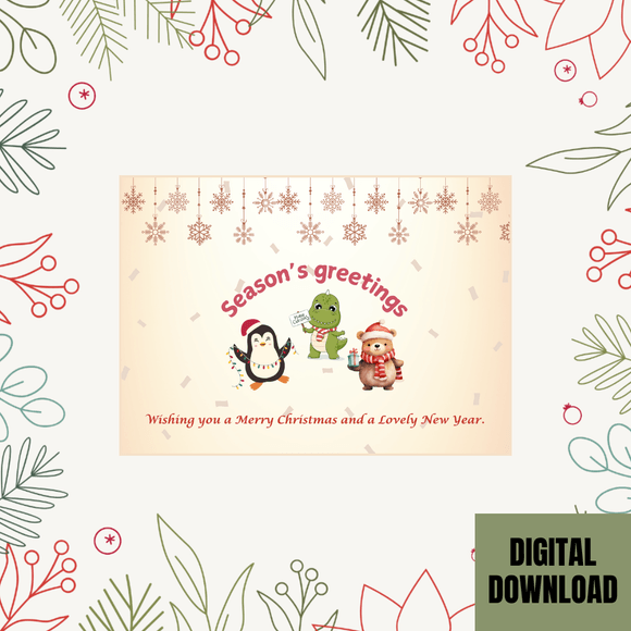 Beautiful Animal Christmas &amp; New Year Card- Landscape. Printable- instant download, 7x5 In.
