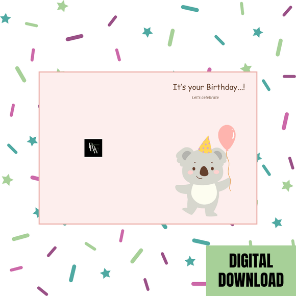 Cute Koala Birthday Folded Card- Pink. Printable- instant download, 10x7