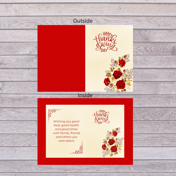 Folded Red Roses Thanksgiving Card- Portrait. Printable- instant download, 10x7 In