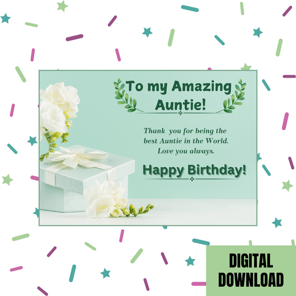 Beautiful Auntie Birthday Card- Landscape. Printable- instant download, 7x5 In