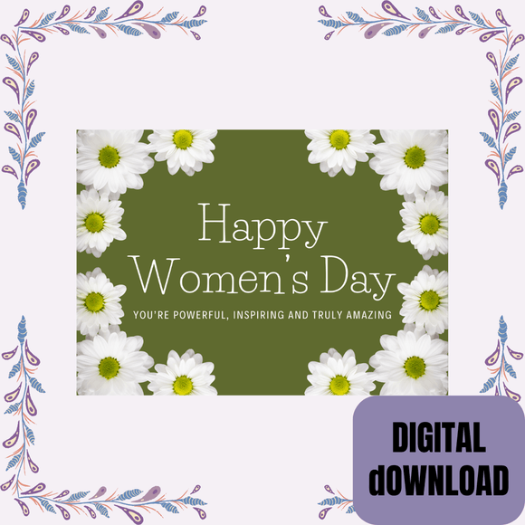 White Flower Women&#x27;s Day Card- Landscape. Printable- instant download, 7x5 In.