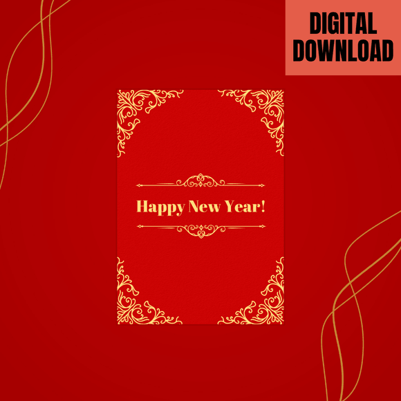 Cute Red &amp; Gold New Year Card- Portrait. Printable- instant download, 5x7 In.