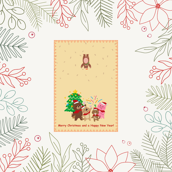 Folded Animal Christmas &amp; New Year Card- Landscape. Printable- instant download, 7x10In.