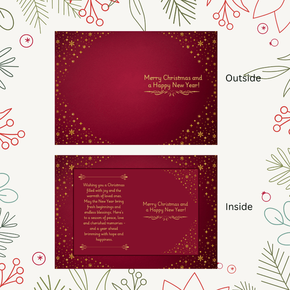Cute Gold and Burgundy Christmas &amp; New Year Card- Portrait. Printable- instant download, 10x7 In.