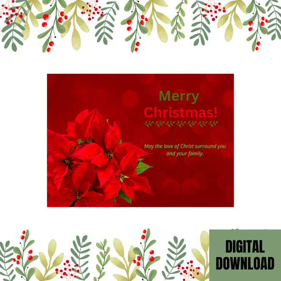 Beautiful Red Flower Christmas Card- Landscape. Printable- instant download, 7x5 In.