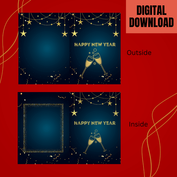 Cute Celebration New Year Folded Card- Portrait. Printable- instant download, 10x7 In.