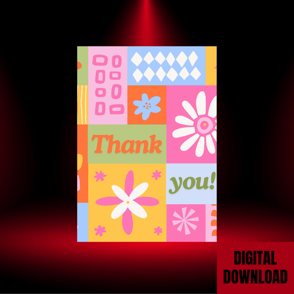 Cute Colorful Thank You Card- Portrait. Printable- instant download, 5x7 In.
