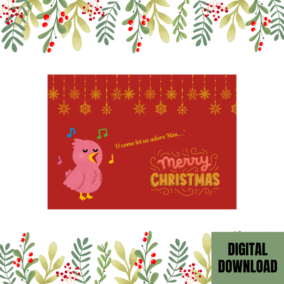 Beautiful Singing Bird Christmas Card- Landscape. Printable- instant download, 7x5 In.