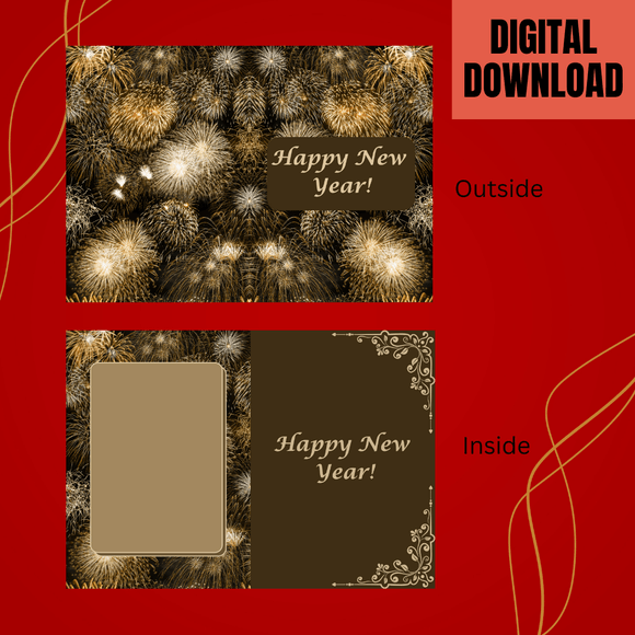 Cute Firework New Year Folded Card- Portrait. Printable- instant download, 10x7 In.