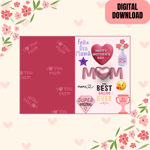Lovely Folded Happy Mother&#x27;s Day Card- Portrait. Printable- instant download, 21 x 14.8 cm.