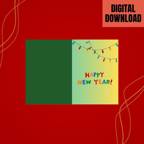 Cute Lights New Year Folded Card- Portrait. Printable- instant download, 10x7 In.