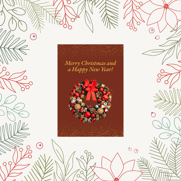 Wreath Christmas &amp; New Year Card- Portrait. Printable- instant download, 5x7 In