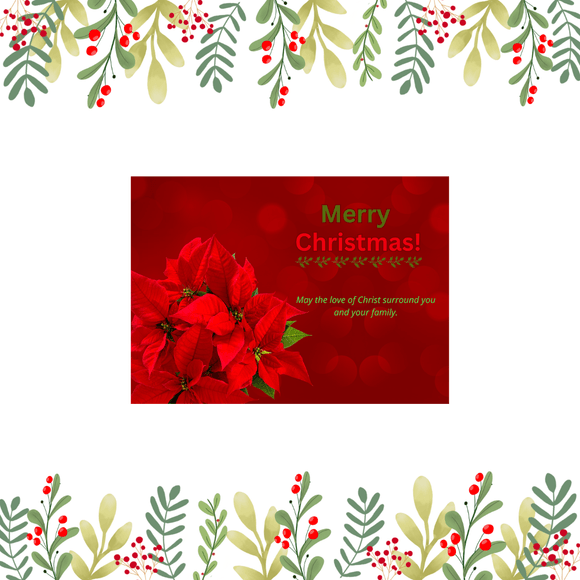 Red Flower Christmas Card- Landscape. Printable- instant download, 7x5 In.