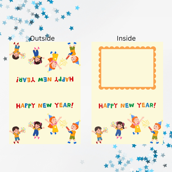 Folded Kids New Year Card- Landscape. Printable- instant download, 7x10 In.