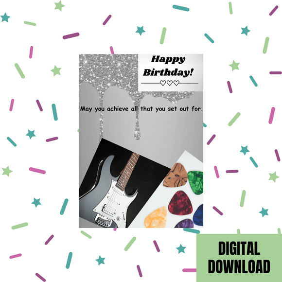  Beautiful Guitar Birthday Card- Portrait. Printable- instant download, 5x7