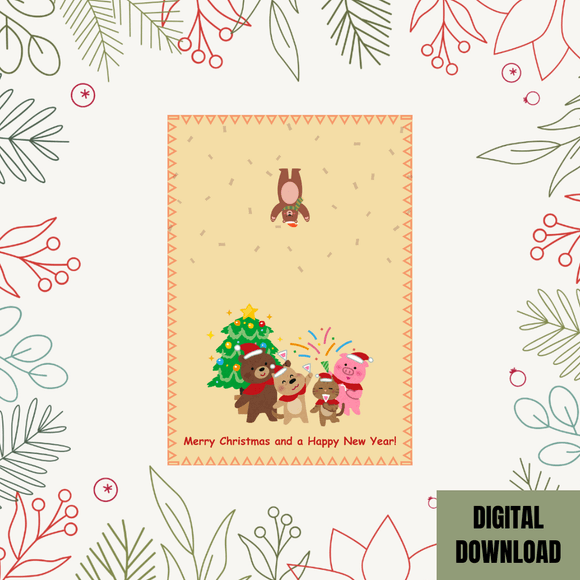 Lovely Animal Christmas &amp; New Year Folded Card- Landscape. Printable- instant download, 7x10In.