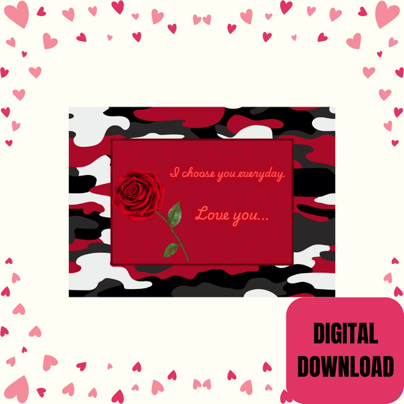 Red Camouflage Couple Card- Landscape. Printable- Instant download, 7x5 In.