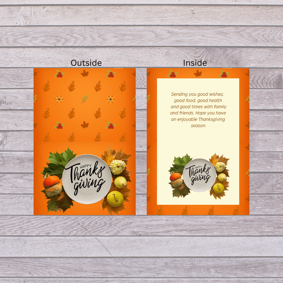 Folded Orange Thanksgiving Card- Landscape. Printable- instant download, 7x10 In