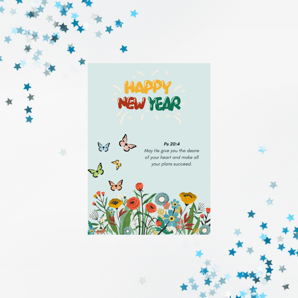 Flower New Year Card- Portrait. Printable- instant download, 5x7 In.