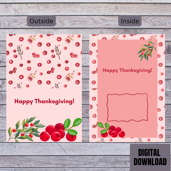 Cute Cranberry Thanksgiving Folded Card- Landscape. Printable- instant download, 7x10 In
