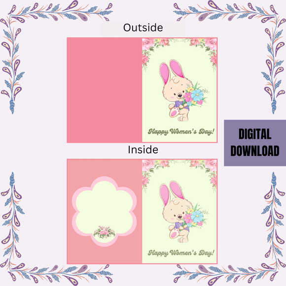 Cute Bunny Folded Women&#x27;s Day Card- Portrait. Printable- instant download, 10x7 In.