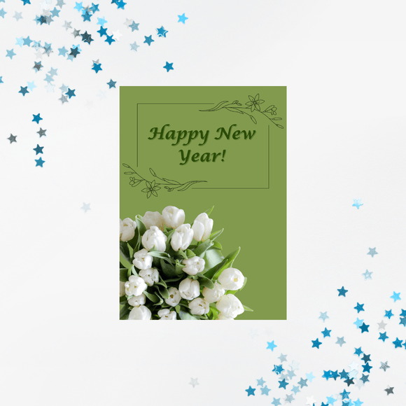 White Flowers New Year Card- Portrait. Printable- instant download, 5x7 In.