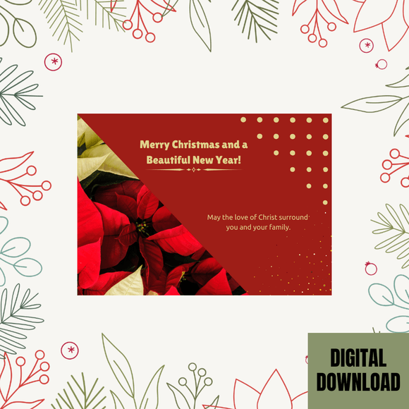 Beautiful Floral Christmas &amp; New Year Card- Landscape. Printable- instant download, 7x5 In.