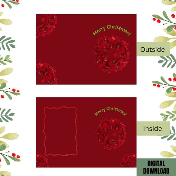 Cute Wreath Christmas Folded Card- Portrait. Printable- instant download, 10x7 In.