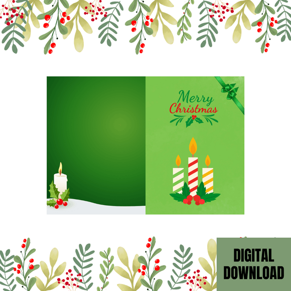 Cute Candle Christmas Folded Card- Portrait. Printable- instant download, 10x7 In.