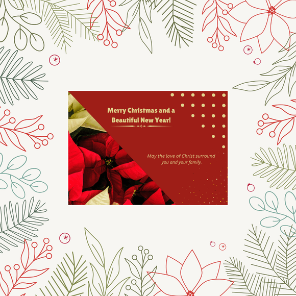 Flower Christmas &amp; New Year Card- Landscape. Printable- instant download, 7x5 In.