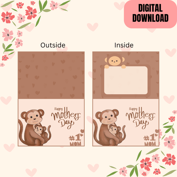 Mother &amp; Baby Monkey Folded Mother&#x27;s Day Card- Landscape.  Printable- instant download, 14.8 x 21 cm
