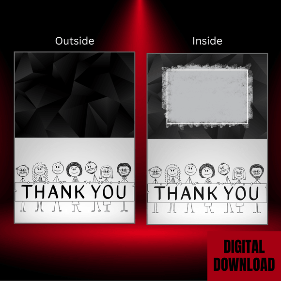 Beautiful Black &amp; White Thank You Folded Card- Landscape. Printable- instant download, 14.8x21 cm