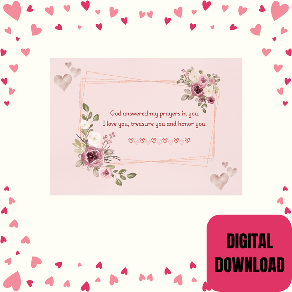 Rose Gold Flower Couple Card- Landscape. Printable- instant download, 7x5 In.